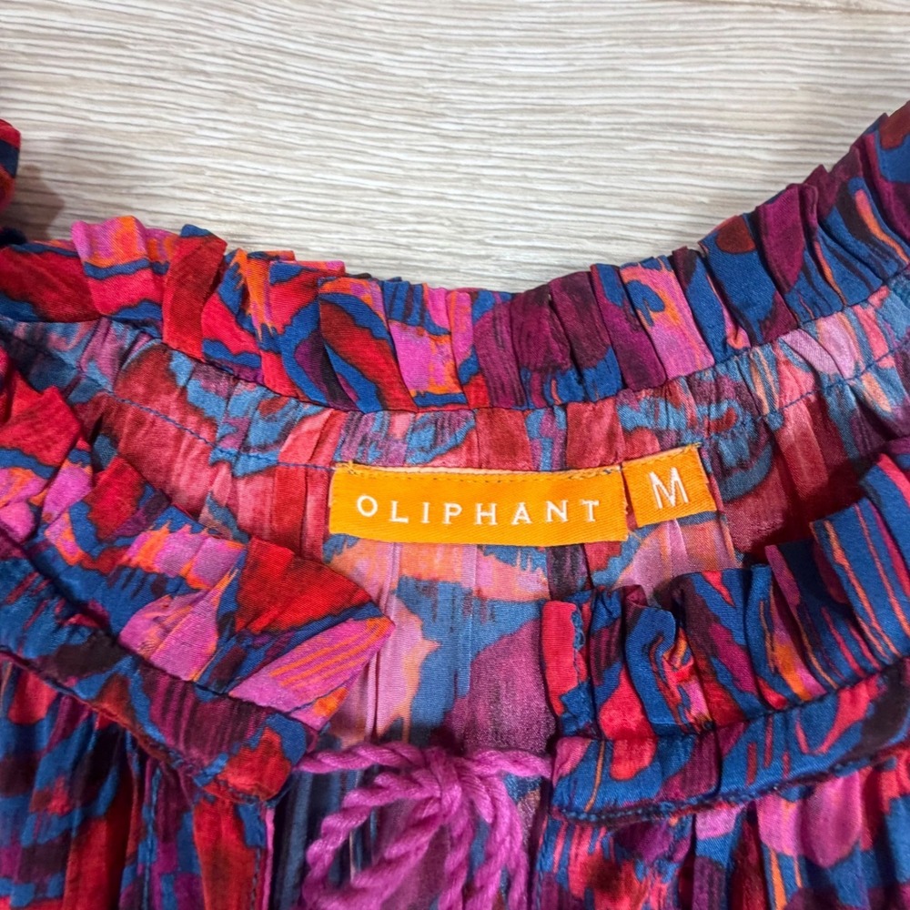 Oliphant Pink Blue Ikat Tiered Mini Dress Balloon Sleeve Tassel Tie Womens‎ M - Picture 9 of 9